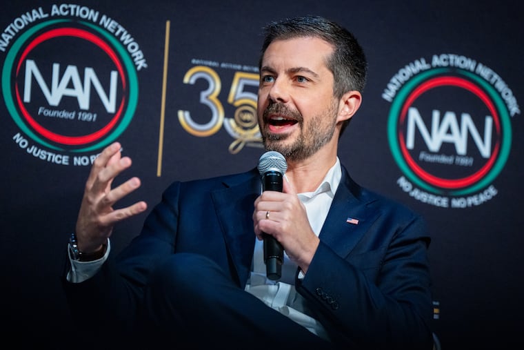 Former Transportation Secretary Pete Buttigieg speaks at the National Action Network (NAN) Convention in New York on April 10, 2026. He says he was the target of a false anonymous report to police.