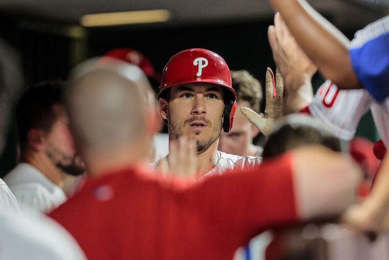 Phillies J.T. Realmuto celebrates his home run against the Reds during the 3rd inning at Citizens Bank Park in Philadelphia, Wednesday, August 24, 2022