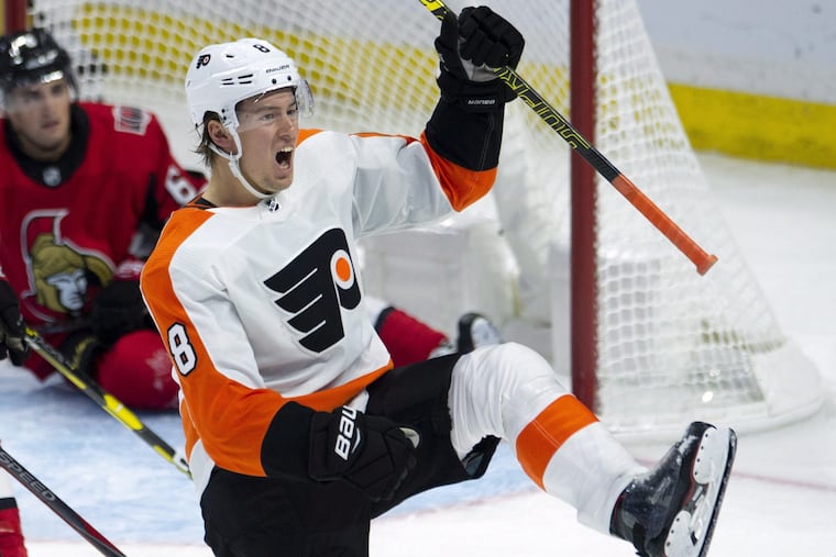 Defenseman Robert Hagg celebrates his goal in the Flyers' 7-4 win Wednesday in Ottawa.