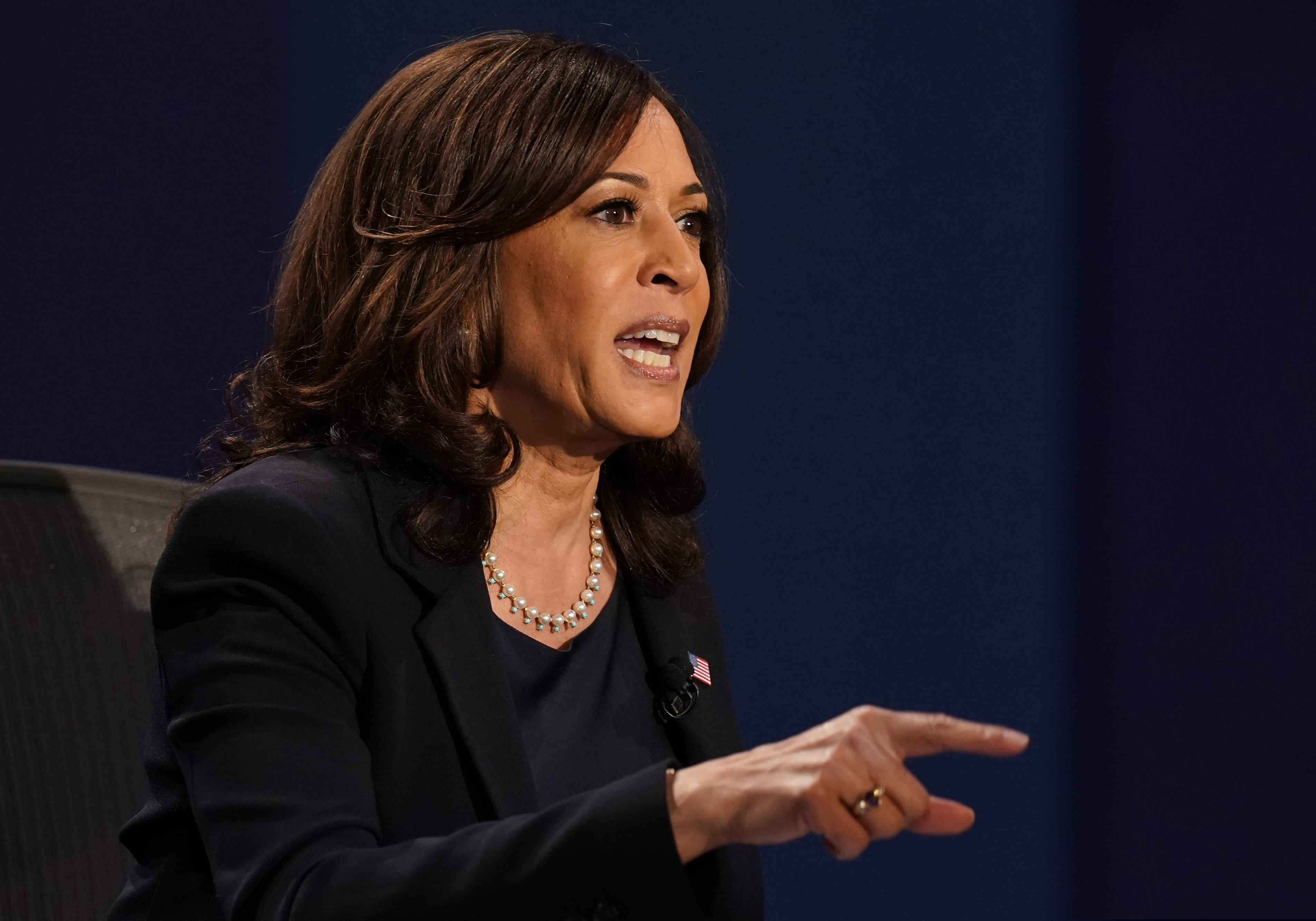Democratic vice presidential candidate Sen. Kamala Harris, D-Calif., makes a point during the vice presidential debate with Vice President Mike Pence, Wednesday, Oct. 7, 2020, at Kingsbury Hall on the campus of the University of Utah in Salt Lake City.
