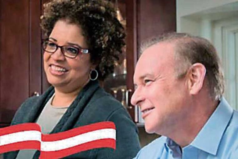 Video frame grab (detail) from Rob McCord campaign ad showing his wife and family in kitchen.