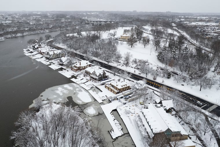 Snow covers Boathouse Row Monday after more than a foot fell in Philadelphia.