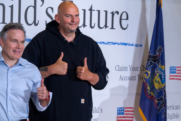Pennsylvania’s U.S. Senators Dave McCormick (left) and John Fetterman appear together Monday, June 29, 2026 to promote the savings accounts for kids that were a signature piece of President Trump’s Big Beautiful Bill.