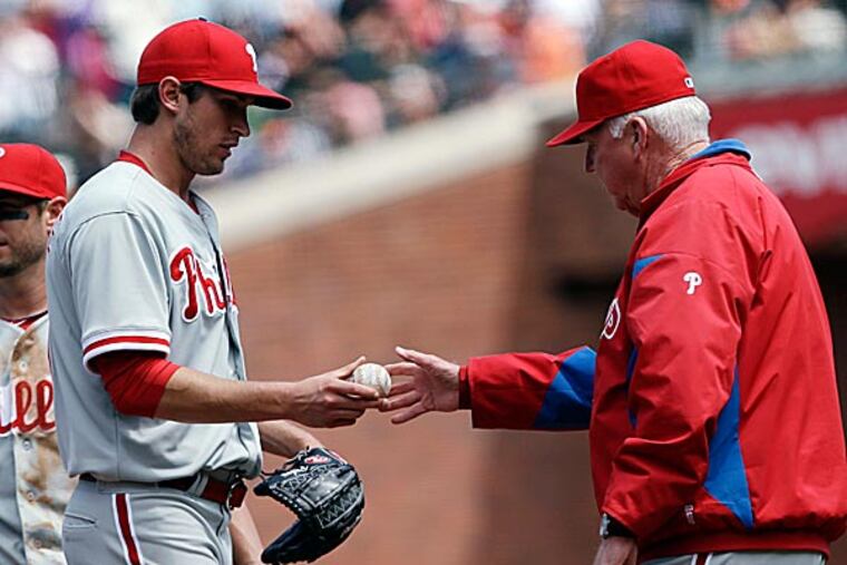 Phillies starting pitcher Jonathan Pettibone is pulled from the game by
manager Charlie Manuel during the sixth inning. (Marcio Jose Sanchez/AP)