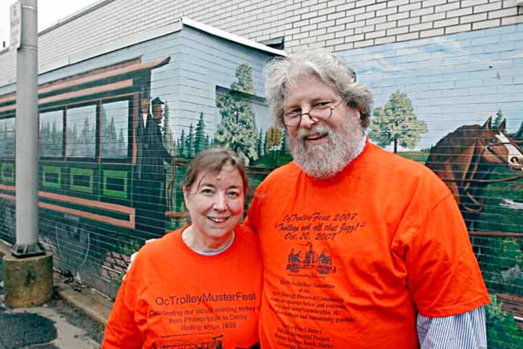 Organizer of festival, Jan and John Haigis are posing for photo in front of the old trolley mural on the wall of Sharon Saving bBank across from the Darby trolley station. 10-11-2013( AKIRA SUWA / Staff Photographer )
Preparation of Darby Borough Trolley Festival.