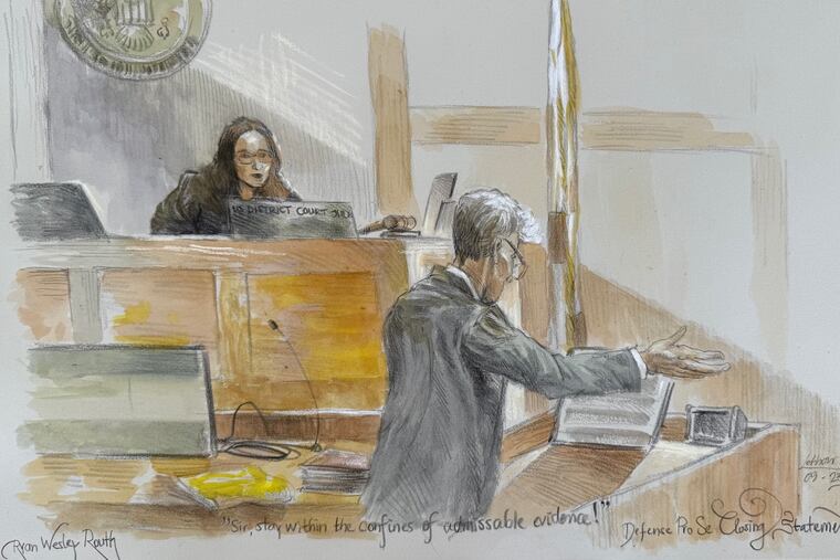 This courtroom sketch shows U.S. District Judge Aileen Cannon listening to Ryan Routh during his trial in Fort Pierce, Fla.