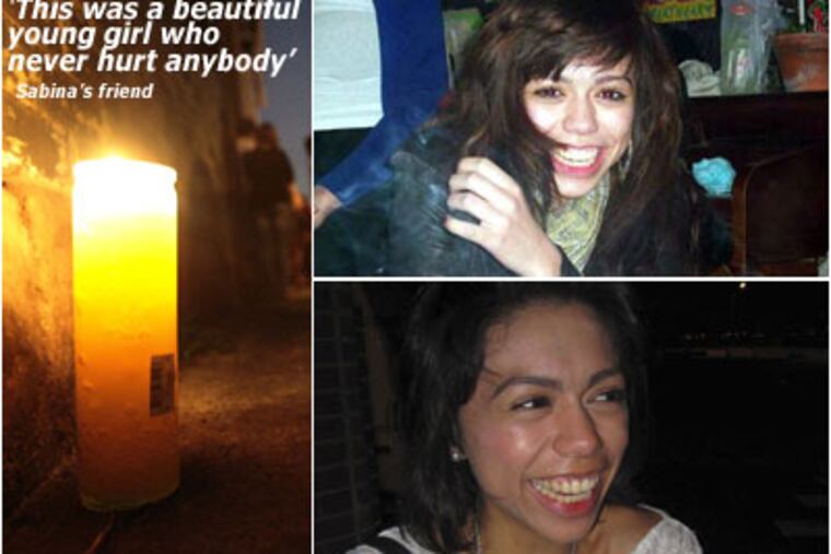 Investigators are searching for the killer of Sabina O’Donnell, right, whose beaten and strangled body was found in a vacant lot. A candle glows at a memorial vigil held last night.