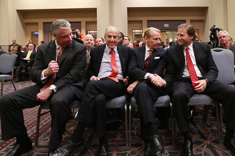 The winning team: (from left) Greenwood Gaming CEO Anthony Ricci, Cordish Cos. CEO David Cordish, Greenwood Gaming chairman Bob Green, and Cordish Cos. president Joe Weinberg celebrate the announcement, made in Nov. 2014.