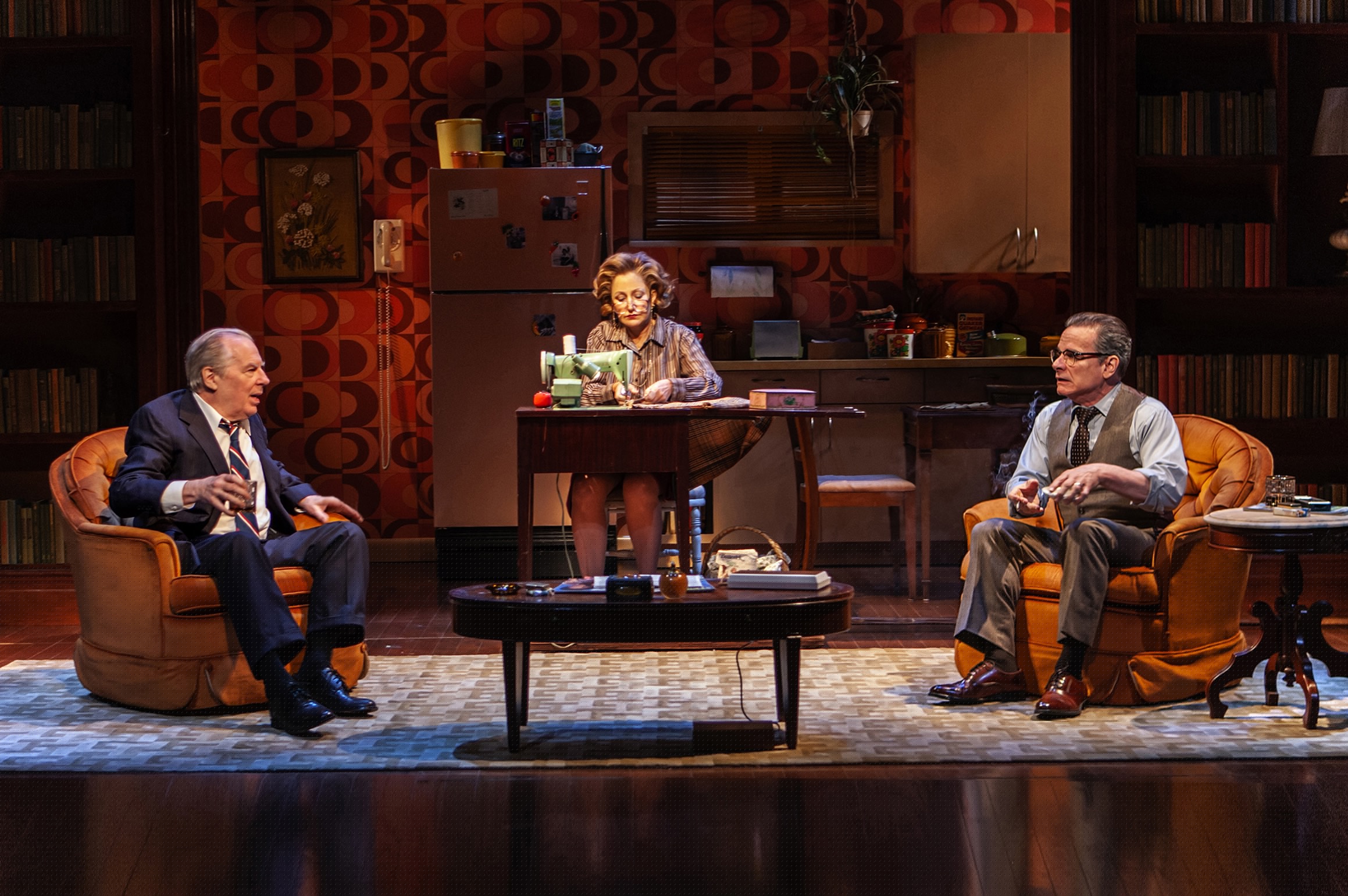 (Left to right:) Michael McKean, Edie Falco, and Peter Scolari in The New Group production of "The True," by Sharr White, directed by Scott Elliott.