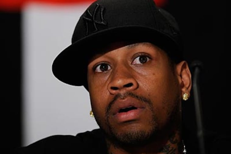 Allen Iverson answers questions in New York after signing a two-year deal with Turkish team Beskitas. (AP/Stephen Chernin)