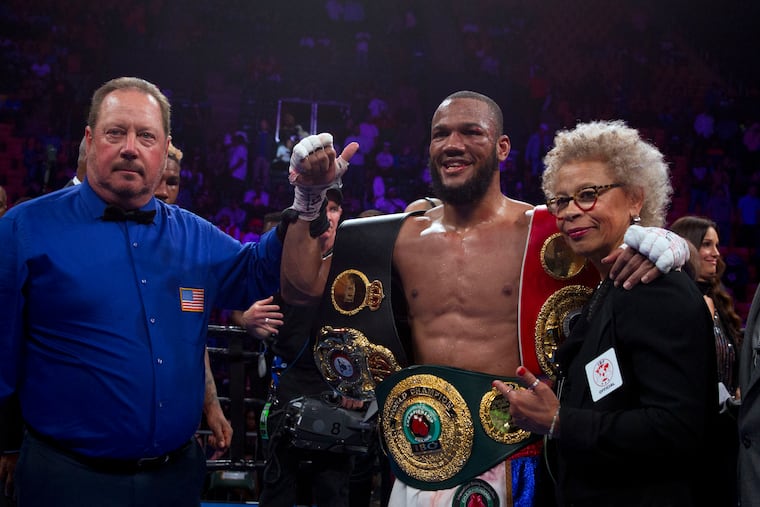 Julian Williams smiles after defeating Jarrett Hurd for the IBF, WBA and IBO super welterweight boxing titles in Fairfax, Va., Saturday, May 11, 2019. Williams won by unanimous decision. (AP Photo/Jose Luis Magana)