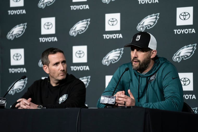 Philadelphia Eagles head coach Nick Sirianni, right, and general manager Howie Roseman take part in a news conference.
