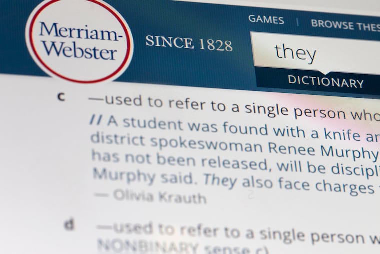 The word "they" is displayed on a computer screen on Friday, Dec. 6, 2019, in New York. The language mavens at Merriam-Webster have declared the personal pronoun their word of the year based on a 313 percent increase in look-ups on the company's search site, Merriam-Webster.com, this year when compared with 2018. Merriam-Webster recently added a new definition to its online dictionary to reflect use of "they" as relating to a person whose gender identity is nonbinary.(AP Photo/Jenny Kane)