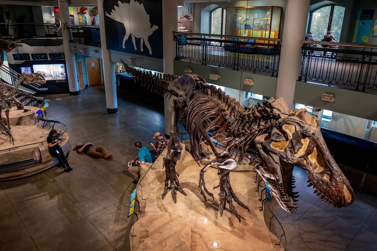 Museum staff pause in Dinosaur Hall inside the Academy of Natural Sciences of Drexel University after it closed the doors to the public at 5 p.m. Sunday, Sept. 27, 2026. Scene Through the Lens runs online every Saturday and in print on Monday on page B-2. There is a template in Roxen. This sentence runs at the top of the photo in print: More of photographer Tom Gralish’s visual exploration of our region can be seen in his blog at Inquirer.com/sceneontheroad.
