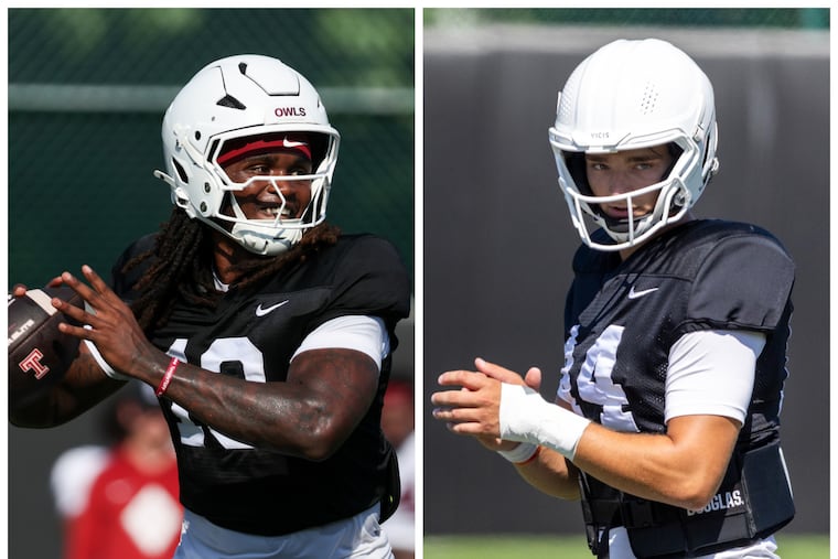 Temple quarterbacks Ajani Sheppard (left) and Jaxon Smolik will both play in their season opener against Rhode Island on Sept. 5.