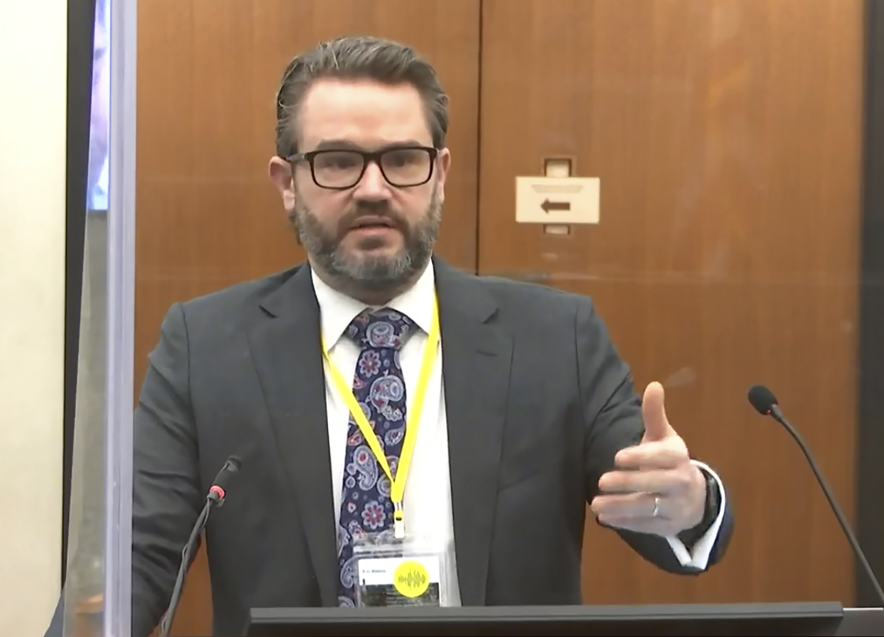 In this image taken from video, defense attorney Eric Nelson speaks Monday at the Hennepin County Courthouse in Minneapolis.