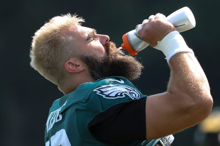 Eagles center Jason Kelce takes water during practice at the NovaCare Complex in South Philadelphia on Wednesday, Sept. 15, 2021. The Eagles will face the San Francisco 49ers at home in Philadelphia on Sunday afternoon.