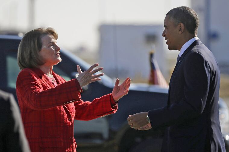 Longtime California Sen. Dianne Finestein, seen here in 2013 with former President Barack Obama, faces a Democratic challenger in Tuesday's primary election. California is among eight states holding primary elections on Tuesday.