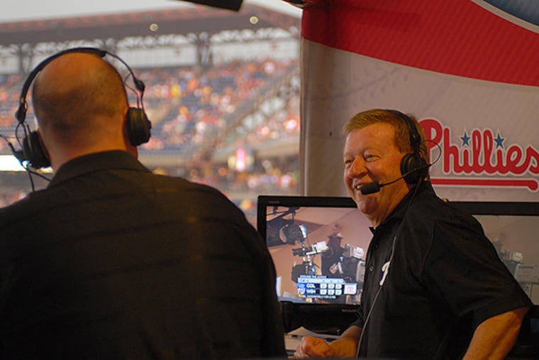 Tom McCarthy and Chris Wheeler in the Phillies' broadcast booth at Citizens Bank Park. (Jarid Barringer/Staff file photo)