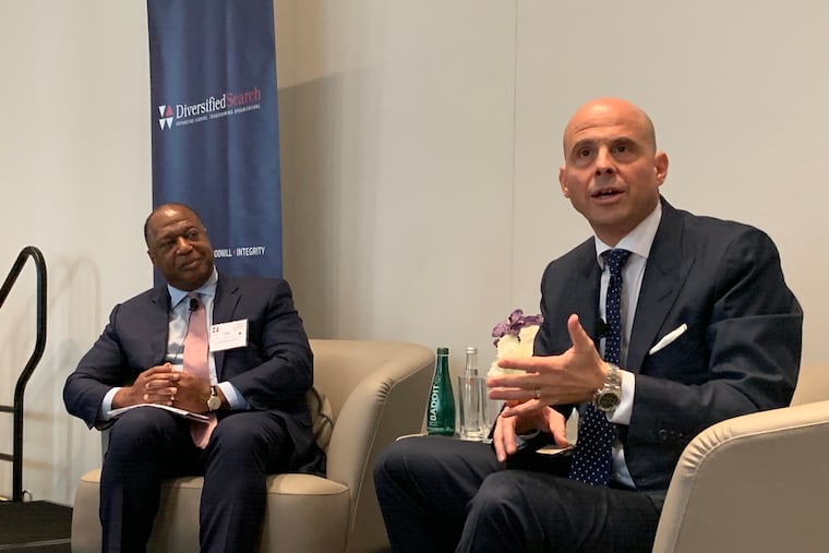 Dale E. Jones (left), CEO of Diversified Search, with Christian Clerc, CEO of Four Seasons Hotels, at Four Seasons' Philadelphia hotel, Oct. 22, 2019