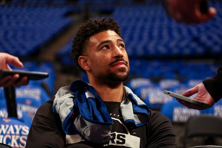 Philadelphia 76ers guard Quentin Grimes speaks with reporters before Game 1 of the second-round playoff series against the New York Knicks at Madison Square Garden on Monday, May 4, 2026 in New York.