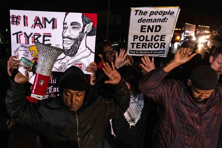 Protesters block traffic as they rally against the fatal police assault of Tyre Nichols in Memphis, Tenn., on Jan. 27. A City Council member in Memphis is championing legislation that would ban some low-level police stops. The bill is modeled after Philadelphia legislation.