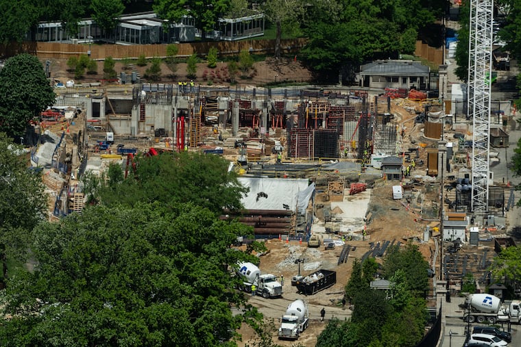 Construction on the new White House ballroom is seen from the Washington Monument, Monday, April 20, 2026, in Washington.