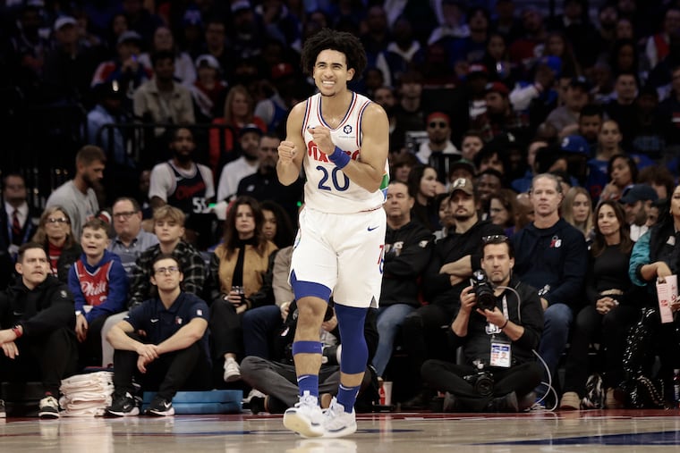 Sixers Jared McCain reacts after he was fouled, but the shot did not fall, in the first half of the Los Angeles Clippers vs. Philadelphia 76ers NBA game at the Wells Fargo Center in Philadelphia on Sunday, November 24, 2024.