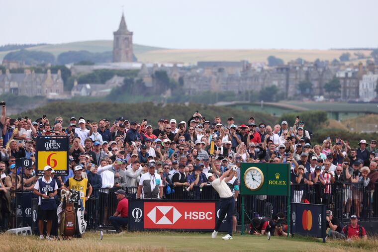 Rory McIlroy of Northern Ireland plays from the 6th tee during the final round of the British Open golf championship on the Old Course at St. Andrews, Scotland, Sunday July 17, 2022. (AP Photo/Peter Morrison)