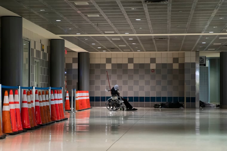 Homeless people are populating parts of the Terminal A-East baggage claim, not in use by travelers, at Philadelphia International Airport. A man believed to be homeless was found inside a plane on Saturday. Some 100 people live in the airport, a result of overcrowding at city shelters caused by COVID-19.