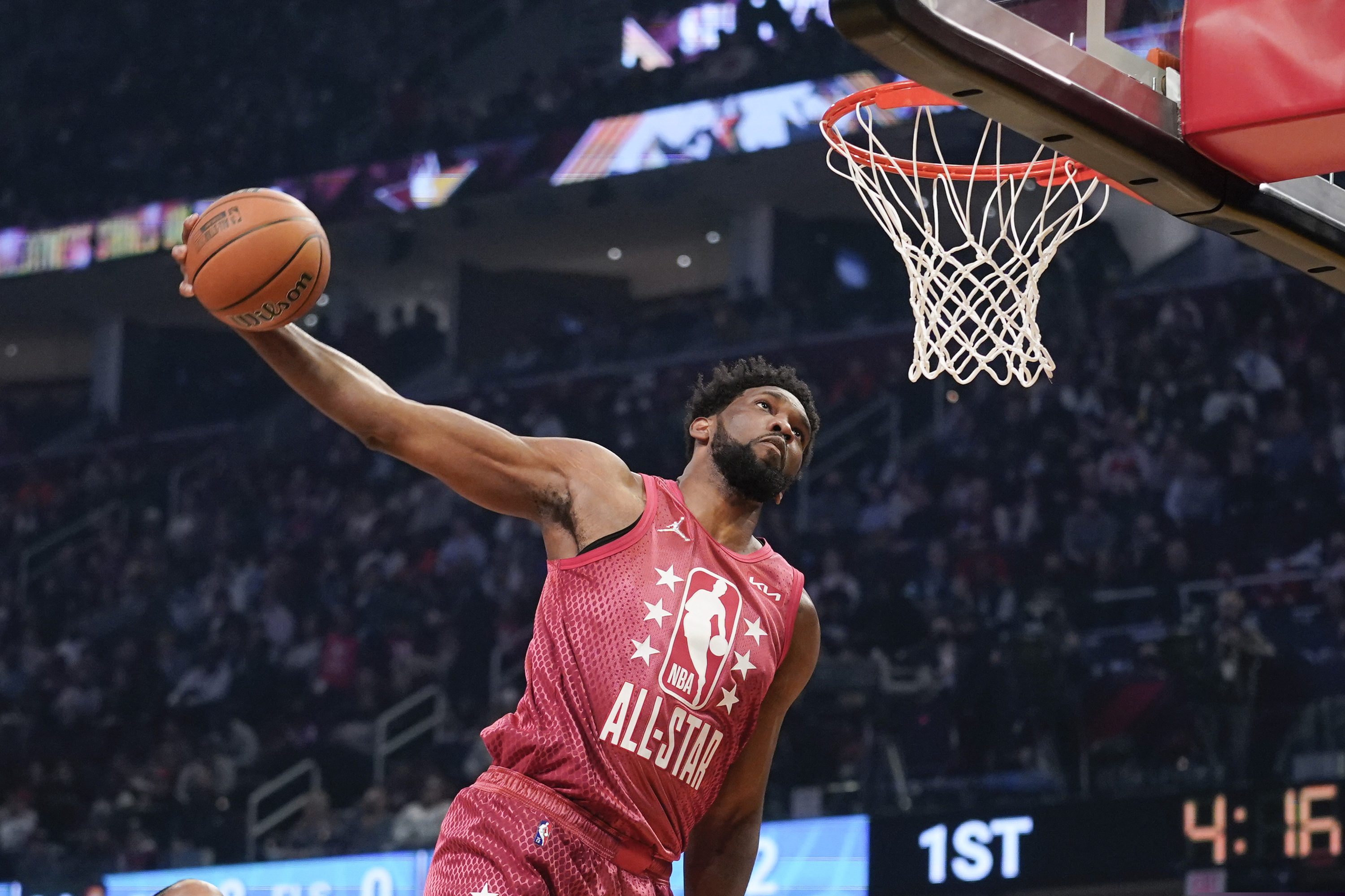 Philadelphia 76ers' Joel Embiid goes up for a slam during the first half of the NBA All-Star basketball game, Sunday in Cleveland. (AP Photo/Charles Krupa)