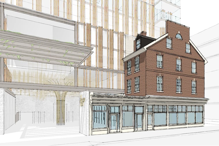 A rendering of how the facades of the one-story buildings at 124 and 126 S. Seventh Street would be incorporated into Pearl Properties' Jewelers Row tower.