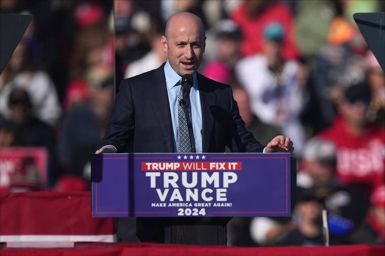 Stephen Miller speaks at a campaign rally in Lititz, Pa., on Sunday, Nov. 3, 2024.