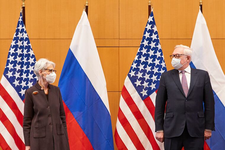 U.S. Deputy Secretary of State Wendy Sherman (left) and Russian deputy foreign minister Sergei Ryabkov attend security talks Monday at the United States Mission in Geneva, Switzerland.