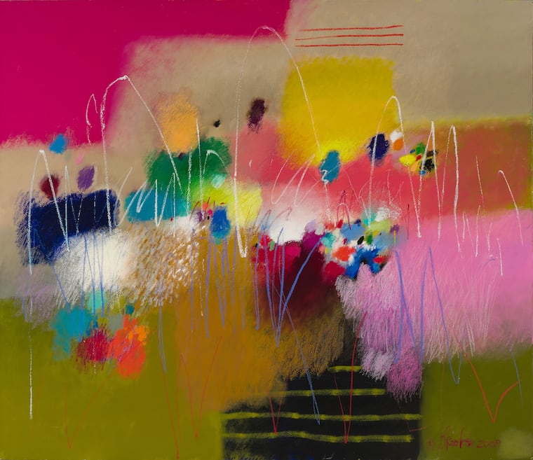 Moe Booker's "Listen With Your Eyes," 2009. Mixed media and oil on canvas, 60 x 72 in.