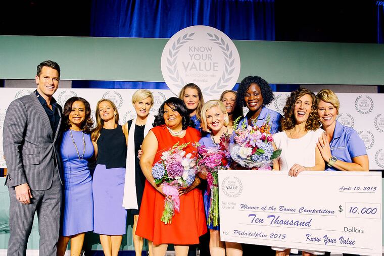 At the "Know Your Value" tour in Philadelphia: (from left) Thomas Roberts, Renee Chenault-Fattah, Michelle Smith, host Mika Brzezinski, finalist Denise Gee Uzzelle, Brooke Shields, finalist Ashton Sweitzer, Jill Sharp, Lynn Seth, finalist Joanna Schwartz, and Jenn Lea. (Louis Burgdorf/MSNBC)