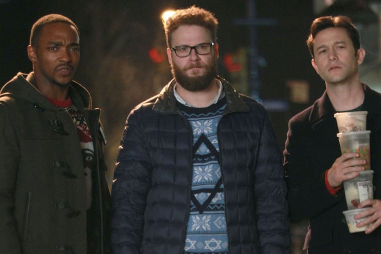 Anthony Mackie, Seth Rogen and Joseph Gordon-Levitt in "The Night Before"