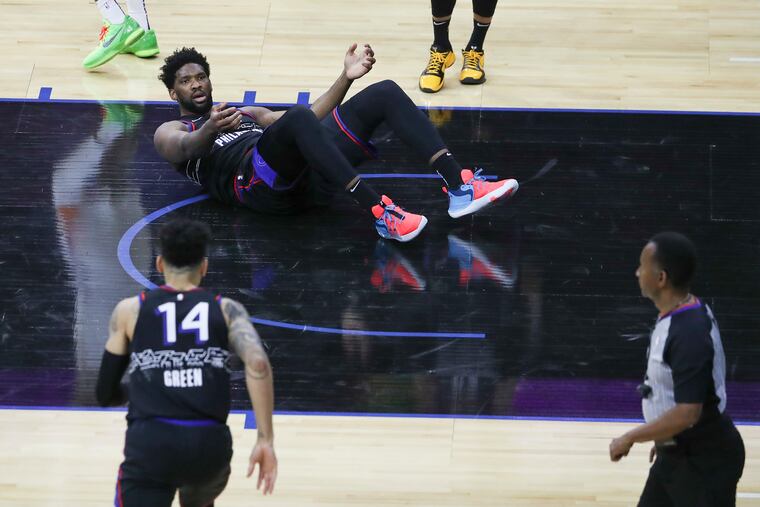The Sixers’ Joel Embiid, who falls down often during games, needs to be healthy for his team to have postseason success.
