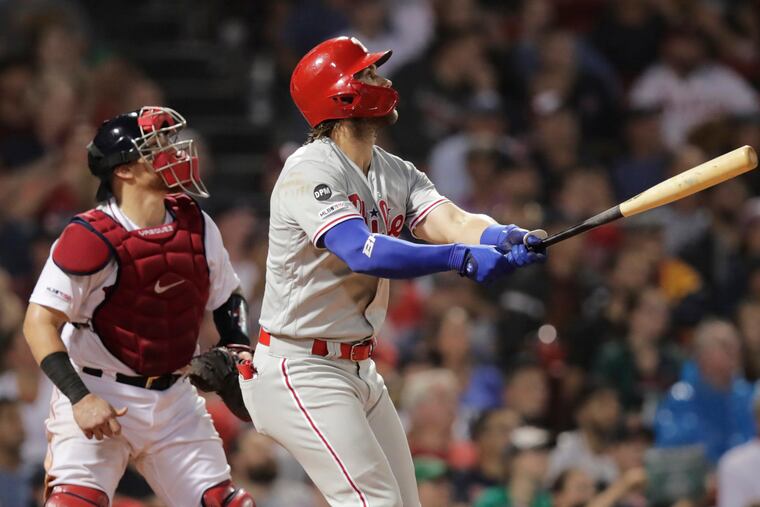 Bryce Harper watches the flight of his two-run home run in the fifth inning against the Red Sox on Wednesday night.