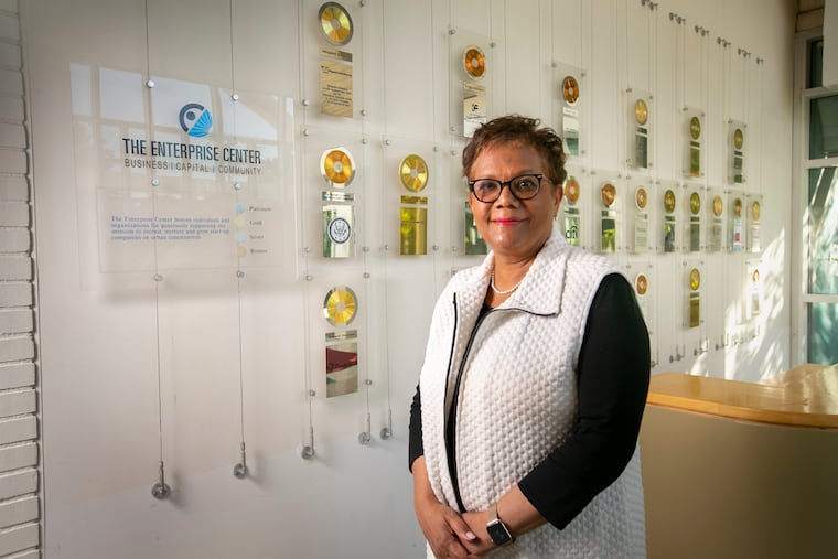 Della Clark, President The Enterprise Center, 4548 Market St. in Philadelphia. Photograph in lobby with donor wall.