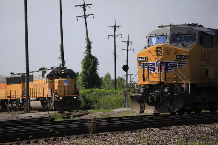 Union Pacific freight trains in East St. Louis, Ill., in July.