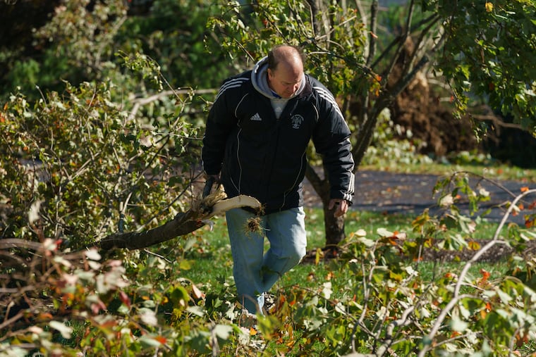 Inspect your trees regularly to help prevent damage to your property. Here, Gary Bevilacqua cleans up fallen tree branches after a November storm in Thornbury Township, Pennsylvania.