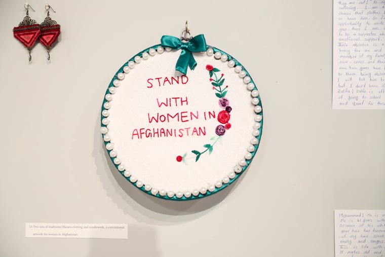 Traditional needlework from students participating in the Afghan Education Student Outreach Project (AESOP) on display at the Abud Family Foundation for the Arts in Lawrenceville, NJ on Wednesday, June 21, 2023. AESOP provides English classes and mentoring for Afghan girls and young women online.