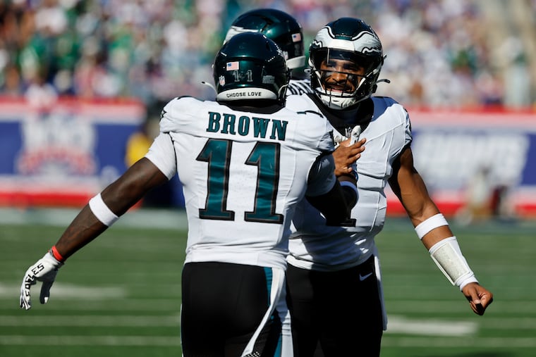 Eagles receiver A.J. Brown would like to celebrate more touchdown passes with Jalen Hurts, as they did on Oct. 20 against the Giants.