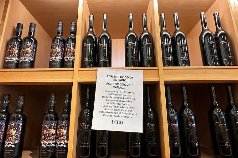 A sign posted March 9 at a government-run liquor store in Canada informed customers that U.S. products were no longer being offered because of tariffs proposed by President Donald Trump.