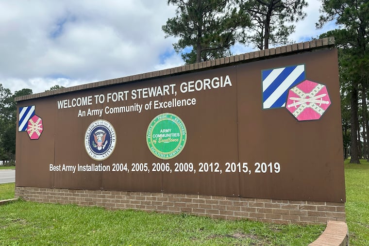 A sign outside the main gate of Fort Stewart, Georgia, is shown on Wednesday.