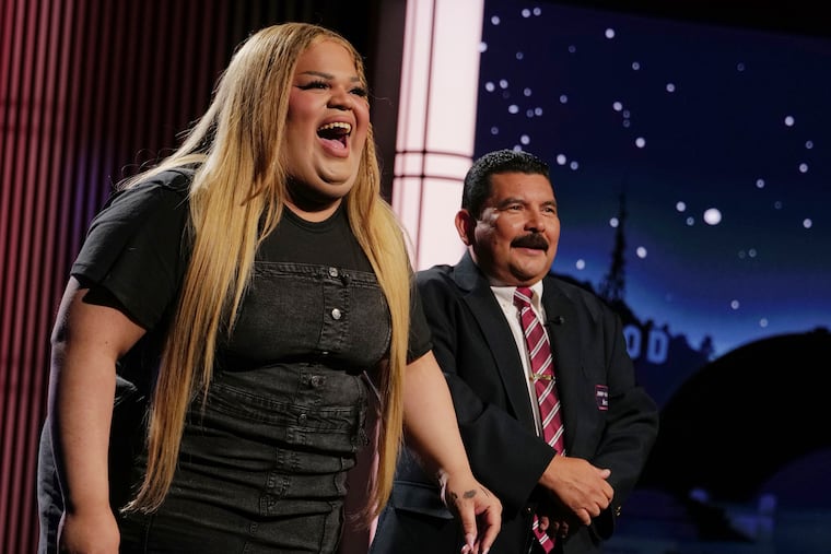 TikTok creator Jools Lebron, left, with talk show personality Guillermo Rodriguez on the set of "Jimmy Kimmel Live!" on Monday, Aug. 19, 2024 in Los Angeles.