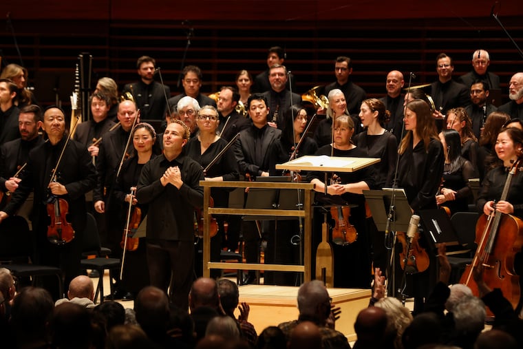 Conductor Yannick Nézet-Séguin thanks the audience after the Philadelphia Orchestra’s performance of Mahler’s Symphony No. 2 at The Kimmel Center on Friday, March 6, 2026, in Philadelphia. The orchestra'smusic and artistic director will be inducted into the Philadelphia Music Allinace walk Of Fame in May.