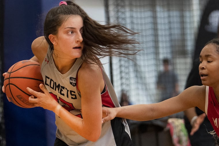 Casey Harter (#12) of Souderton High guards the ball during a AAU game at the Competitive Edge in King of Prussia, Pa. Thursday, July 21, 2022.