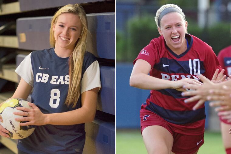 Emma Loving (left) posing for a photo as a Central Bucks East player in 2015 and high-fiving Penn teammates.
